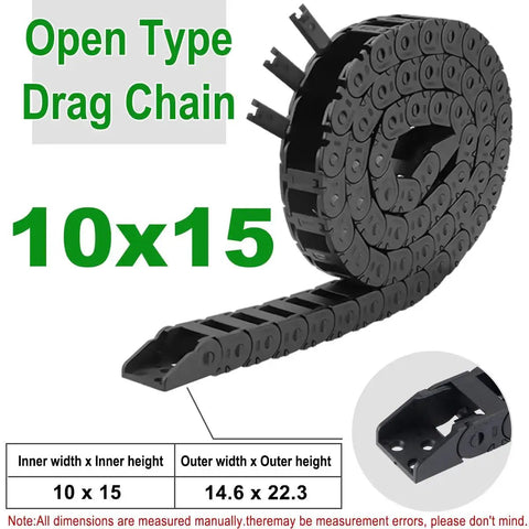Flexible Drag Chain Cable Wire 10x15mm Internal Size Black Open Type For CNC Routers, Mills And 3D Printers, coiled with connectors