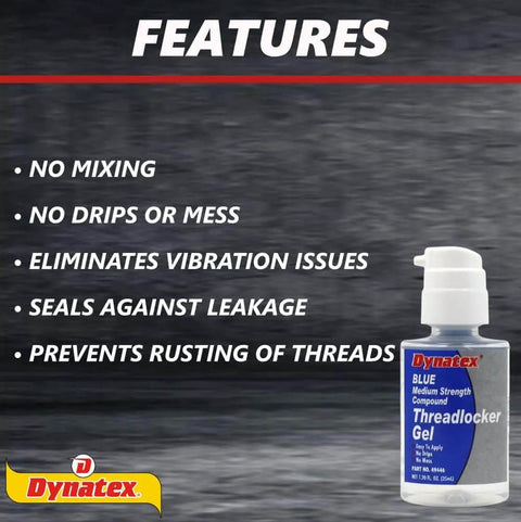 Blue Medium Strength Threadlocker Gel, 35Ml Pump Bottle, shown with features for vibration, leakage, and rust prevention