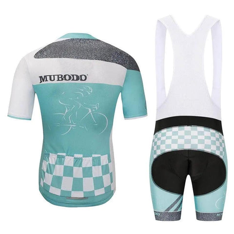 Teal and white cycling jersey and bib shorts set with checkered details, rear view