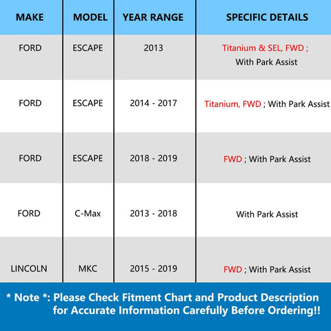Fitment chart for Pair Rear Wheel Bearing And Hub Assembly Replacement For 2013 2019 Ford Escape C Max Lincoln MKC