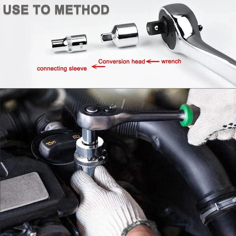 Utoolmart 3/8in to 1/4in drive impact socket adapters, female-to-male, Cr-V, 2-pack; shown with ratchet.