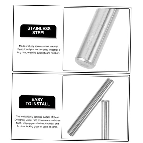 Stainless Steel Dowel Pins 100 Pcs Pro Grade Precision Fastening Pegs For Industrial Machinery Electronics And Automotive Applications Cylindrical Design Easy Installation Durable Humidity Resistant Pins For Tight Fits; image showing close-up view of polished cylindrical stainless steel dowel pins with installation instructions.
