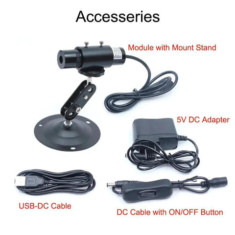 520nm Green Laser Line Module with mount stand, 5V USB adapter, USB-DC cable, and DC cable with on/off button visible