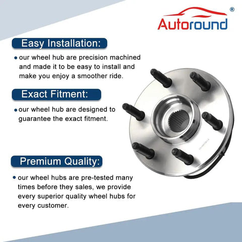 Front Wheel Hub Bearing Assembly With ABS For 4x4 And AWD Chevrolet Tahoe Silverado Suburban Express 1500 GMC Yukon Sierra Savana Cadillac Escalade 6 Lug Replacement 1999 To 2007, product view with installation details