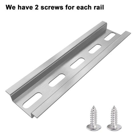 Aluminum DIN Rails 3-Piece Set, 4 Inches Long, 35mm Wide, 7.5mm High RoHS Certified with two screws visible.