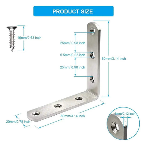 Heavy Duty Stainless Steel Corner Bracket 10 Pack For Wood And Metal Joints, 3 x 3 Inch Right Angle Braces product size diagram