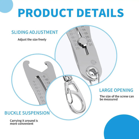 Bolt Size Finder Keychain Set For Quick Thread Identification With Dual Scale Metric And SAE, product details showing sliding adjustment, large opening, and buckle suspension features.