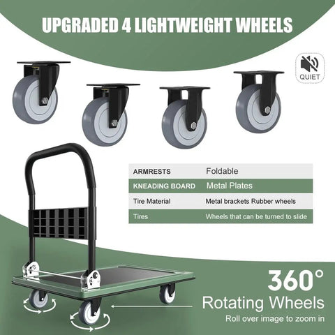 Heavy Duty Folding Platform Cart With 1100 Pound Capacity And 360 Degree Swivel Front Wheels, reinforced beams