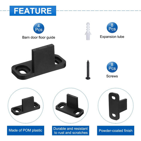 Four Pack Black POM Sliding Barn Door Floor Guides with screws and expansion tube, durable and non-slotted for bypass doors.