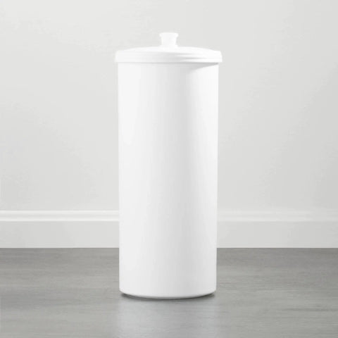 Freestanding Toilet Paper Storage Holder With Lid For 3 Extra Rolls, white with decorative knob, space-saving design for bathrooms.