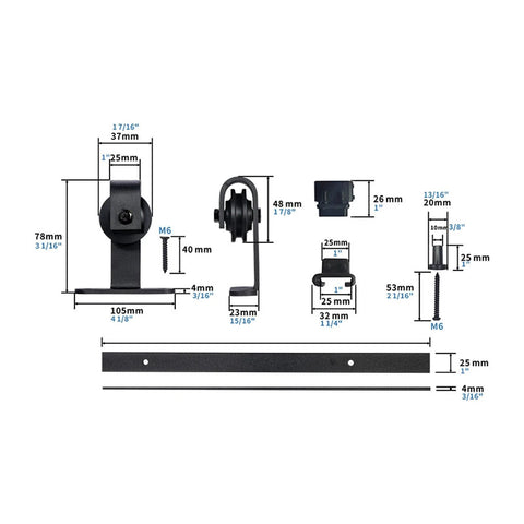 Ultra Quiet Mini Cabinet Barn Door Hardware Kit For Double Sliding Door Track Roller System, black components with measurements