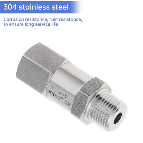 304 stainless steel check valve, 3/8 NPT male x female, one-way backflow preventer.