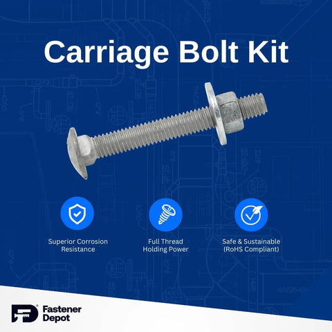 Five Sixteenth By Eighteen Fully Threaded Carriage Bolt Kit For Exterior Use With Hot Dipped Galvanized Finish Heavy Duty Outdoor Grade A307