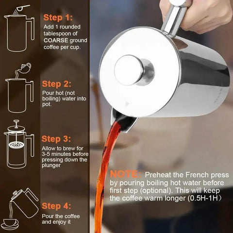 Pouring coffee from 34oz 304 Stainless Steel French Press Coffee Maker with Insulated Double Wall Carafe, brewing instructions on side