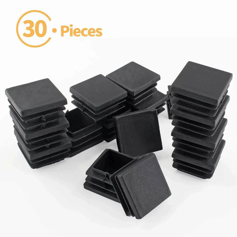 30 Pack One And One Half Inch Square Plastic End Caps for Square Tubing Chair Legs Fence Black displayed in stacks
