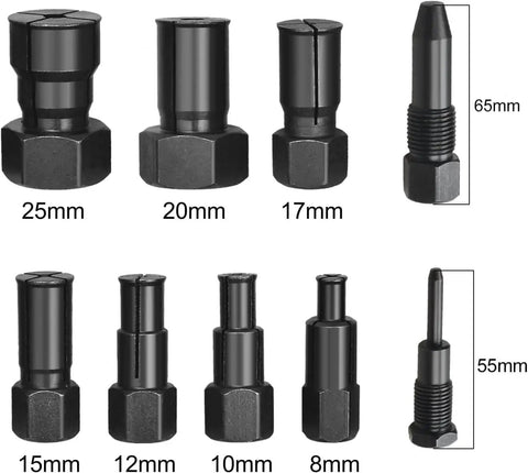 Image of Pro-Grade Motorcycle Blind Bearing Extractor Puller Kit 8-25mm, showing 10-piece durable alloy steel set with sizes and measurements.