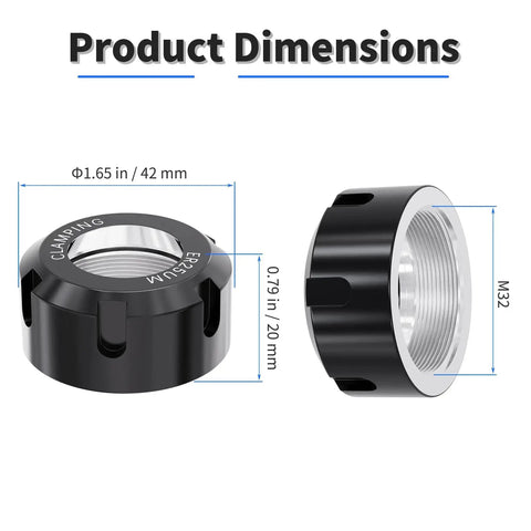 ER25 UM M32 Thread Collet Nut dimensions, 42mm OD, 20mm height, spring clamping nut for CNC milling tools, cast steel shown