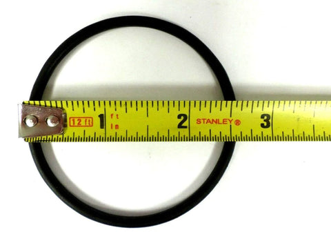 PVC connector union ring, 2 in, black rubber with metal clamp; Stanley tape measure across the ring