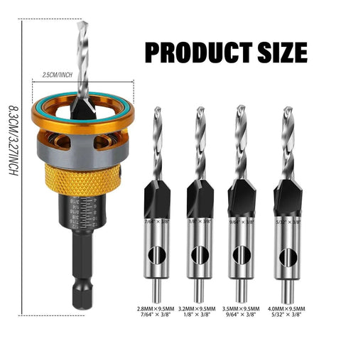 Countersink Drill Bit Set With Depth Stop And L Shape Wrench, 4 piece M2 HSS tapered pilot bits, sizes 7/64 to 5/32 for wood and plastic.
