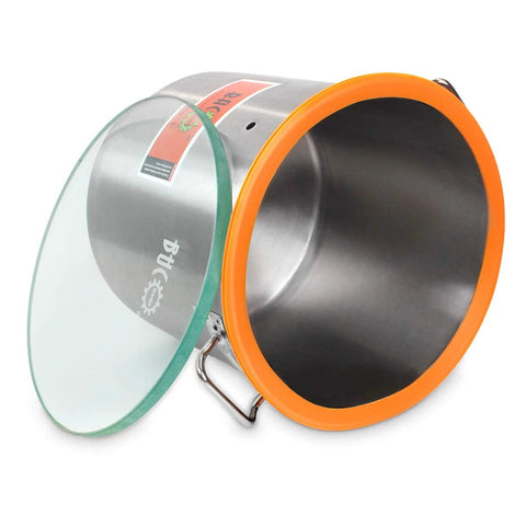 BACOENG 5-Gallon vacuum chamber with tempered glass lid and orange rim, stainless steel body.
