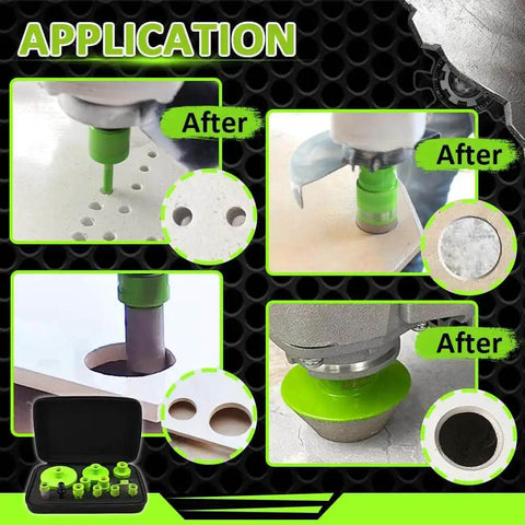 Tile Hole Saw Kit With 12 Diamond Core Drill Bits for porcelain, ceramic, marble, granite; includes case and application examples.