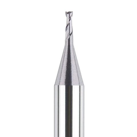 Close-up of a Five Piece Flat Nose Double Flute Carbide End Mills Set for CNC Router Bits With One Eighth Inch Shank And One Thirty Second Inch Cutting Diameter TiAlN Coated HRC 55 For Carbon Steel Die Steel Cast Iron And Wood showing the cutting tip.