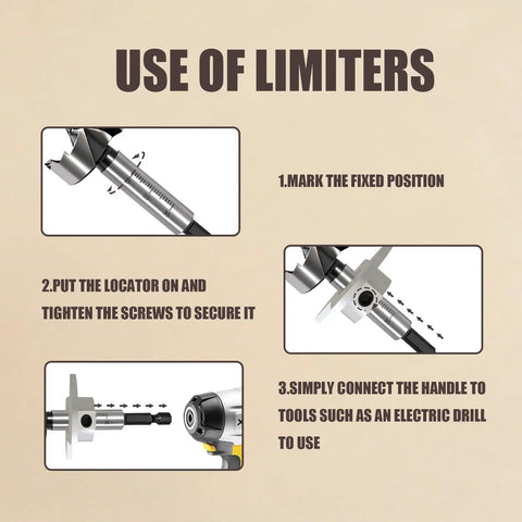 Steps for using limiters in Eight Piece Forstner Drill Bit Set For Woodworking With Hex Shank For DIYers; marking and securing.