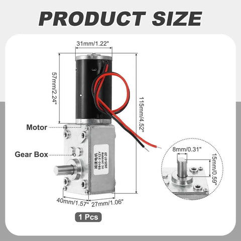 High Torque DC 24V 5 RPM Reversible Worm Gear Motor Reducer dimensions diagram with 8mm D shape shaft measurement details.
