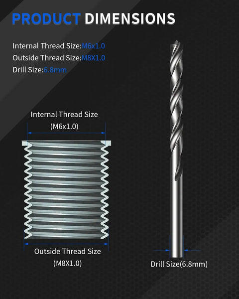 M6x1.0 Thread Repair Kit With HSS Drill Tap Counterbore And Driver 10 Inserts showing internal and external thread sizes.