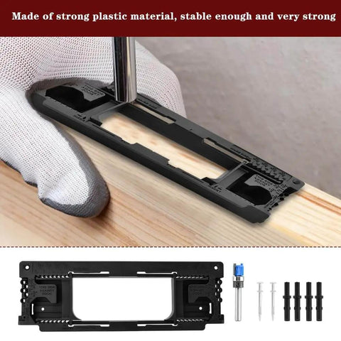 Heavy Duty Hinge Jig Kit For Doors With Eight Size Options From Two Point Five To Six Inches And Five Thicknesses Includes Router Mortise For Precise Install Easy Setup For DIY And Pro Use At Home Or In The Shop, shown with plastic frame and accessories on wooden surface.
