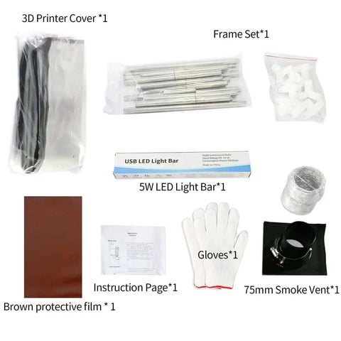 Components of All In One 3D Printer Enclosure With Fume Extractor, including frame, light bar, smoke vent, and protective accessories.