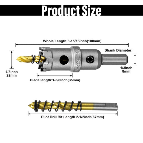 Seven Eighths Inch Tungsten Carbide TCT Hole Saw Kit With Titanium Plated Pilot Drill Bit dimensions display.
