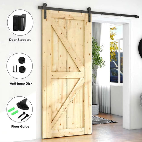 6.6 Foot Sliding Barn Door Hardware Kit For One Wood Door Delivers Smooth Quiet Operation No Sweat Easy Install Fits 35 To 40 Inch Wide And 1.18 To 1.96 Inch Thick Door Panels Includes Step By Step Installation Guide installed on wooden door.
