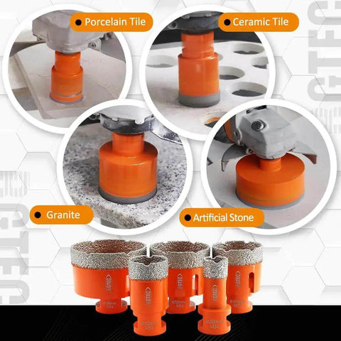 Six Piece Dry Diamond Core Drill Bits Set For Porcelain Tile Ceramic Marble Brick Hole Saw Sizes 20mm 25mm 35mm 50mm 75mm 100mm Fast Clean Drilling And Smooth Cuts