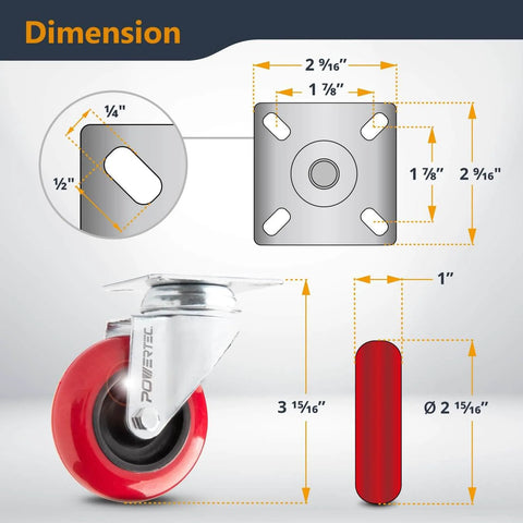 3 Inch Swivel Caster Wheels Set Of 4 With Heavy Duty Plate Casters And Polyurethane Tires 640 Lb Total Capacity shown with dimensions