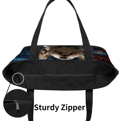 Cool Dog Sunglasses Inspired Canvas Laptop Tote For Women, Lightweight Office Briefcase Style Bag, side view with sturdy zipper