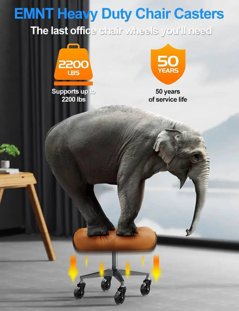 Replacement Office Chair Wheels Set Of 5 3 Inch Heavy Duty Rubber Casters holding an elephant on a chair to demonstrate strength.