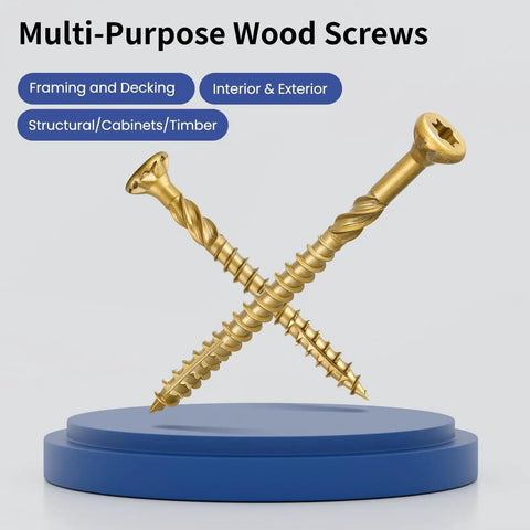 Bulk 95 Pack 9 X 2 Inch Deck Screws With Golden Coating T25 Star Drive Bugle Head for wood projects displayed on pedestal