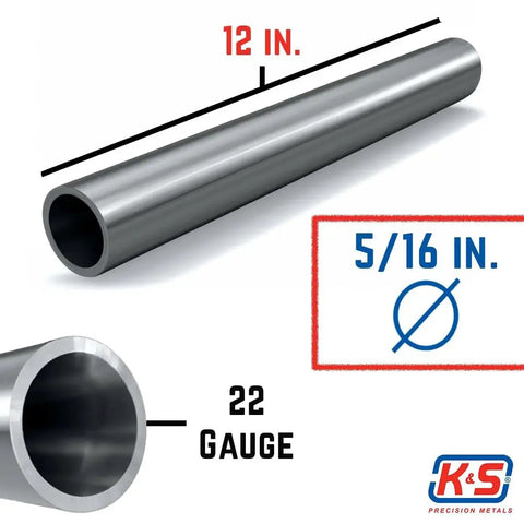 Stainless Steel Round Tube Five Sixteenth Inch Outer Diameter And Twelve Inch Length Twenty Two Gauge One Tube For DIY Projects In Automotive Plumbing Medical Craft Tinkering Models And Architecture Made In USA By K S Precision Metals, showcasing dimensions and logo.