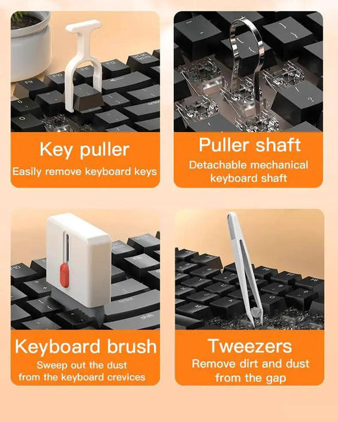 32-In-1 Compact Electronics Cleaning Kit tools for keyboards shown, including key puller, puller shaft, brush, and tweezers.