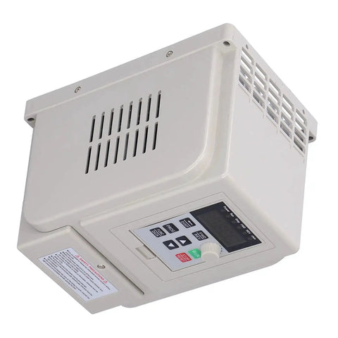 Beefed Up VFD Variable Frequency Drive for 110V to 220V conversion, digital display, white case, side angle view