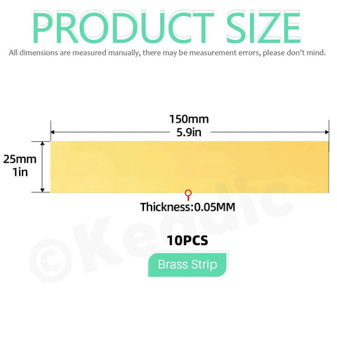 10 Piece Brass Shim Stock Set 6 Inch Long By 1 Inch Wide 0.002 Inch Thick Brass Strips For Metalworking Jewelry Making Diy Projects Smooth Polish Finish, showing 5.9-inch and 1-inch dimensions with thickness of 0.05mm.