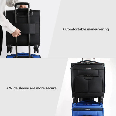 Underseat Carry On Luggage With Wheels Soft Side 16 Inch Travel Bag shown with wide sleeve for secure placement on suitcase handle.
