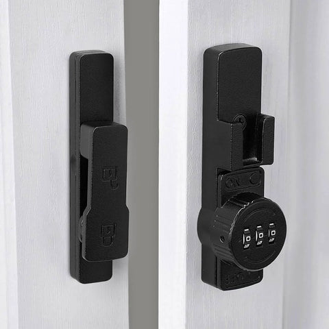 Matte Black 180 Degree Mechanical Password Lock, 3 Digit Keyless Flip Latch installed on white door for privacy protection.