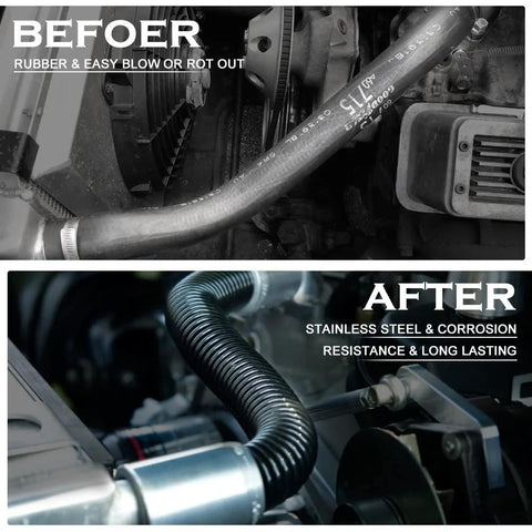 Hypertune 48in stainless steel radiator hose kit in black with 4 clamps, shown in engine bay before/after