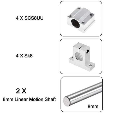 2 Piece 8mm By 300mm Linear Motion Rod Guide Kit With 4 Ball Bearings, 4 Aluminum Rail Supports, And 2 Steel Shafts components image
