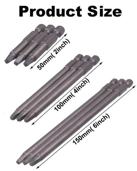 9 Pack One Quarter Inch Hex Shank Long Magnetic Square Head Screwdriver Bits Set with 2, 4, and 6 inch S2 steel bits