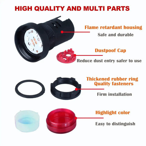 10 Pack LED Indicator Lights 22mm Panel Mount components with flame retardant housing, dustproof cap, rubber ring, and highlight color