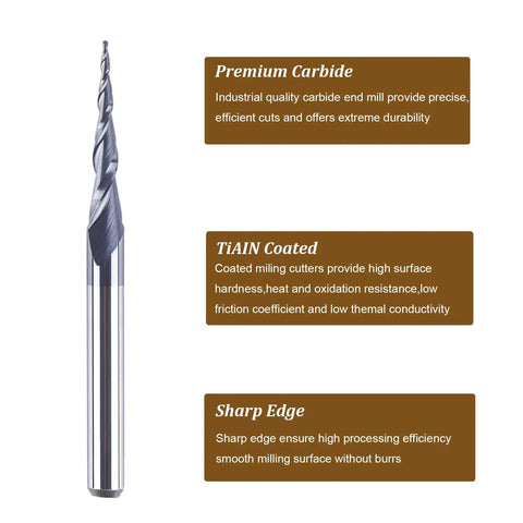 Tapered Ball Nose End Mill Set for 3D Wood Carving and CNC Router Projects, One Eighth Inch Shank, TiAIN Coated with sharp edge