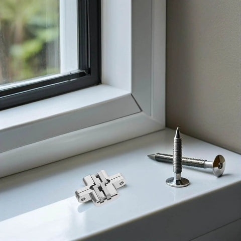Tiny 43mm Zinc Alloy Concealed Door Hinges 4 Pack For Jewelry Boxes And Small Cabinets, Hidden Cross Folding Hardware placed on a windowsill